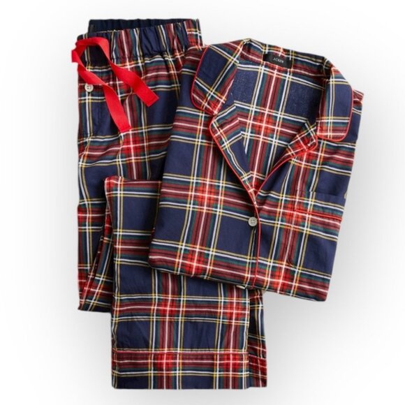 J. Crew Cotton Poplin Long-sleeve Pajama Set in Stewart Tartan Blue Red Sz Small - Picture 3 of 8